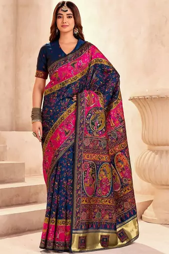 navy_blue ethnic motifs zari pashmina designer saree