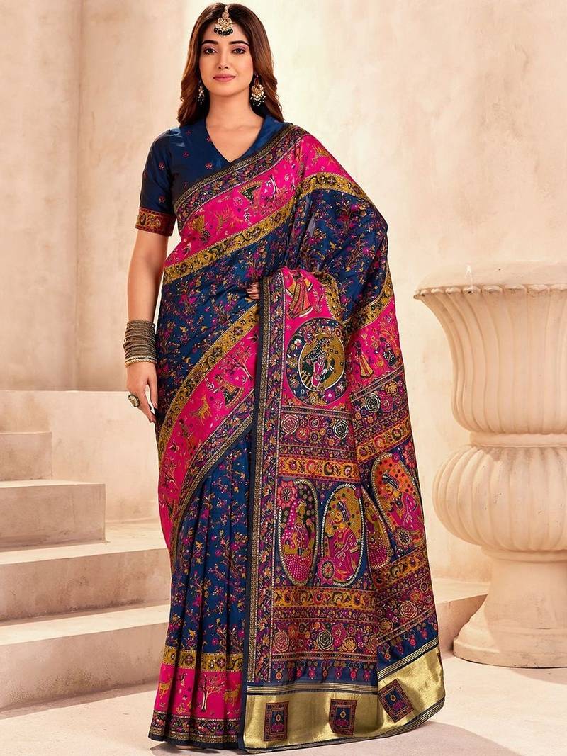 navy_blue ethnic motifs zari pashmina designer saree