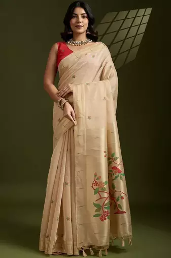 cream women floral woven design zari paithani saree