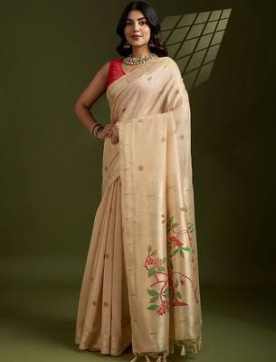 cream women floral woven design zari paithani saree 2