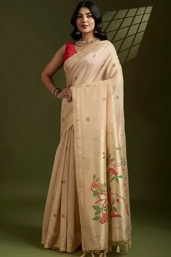 cream women floral woven design zari paithani saree