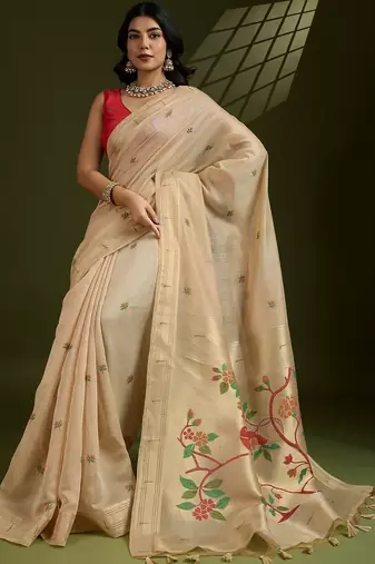 cream women floral woven design zari paithani saree