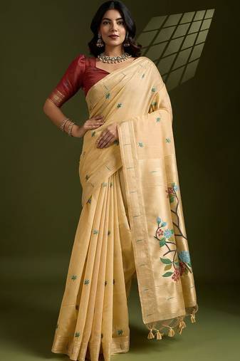 gold floral printed zari paithani saree
