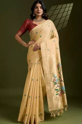 gold floral printed zari paithani saree