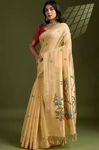 gold floral printed zari paithani saree