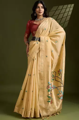 gold floral printed zari paithani saree