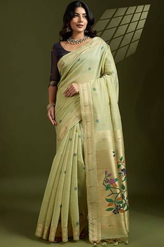 light_lime floral woven design zari paithani saree