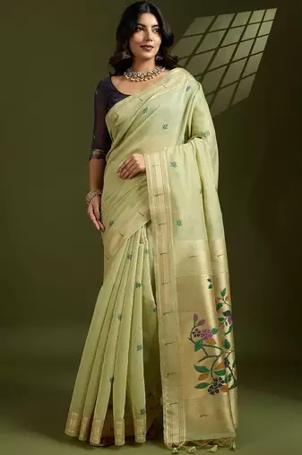 light_lime floral woven design zari paithani saree