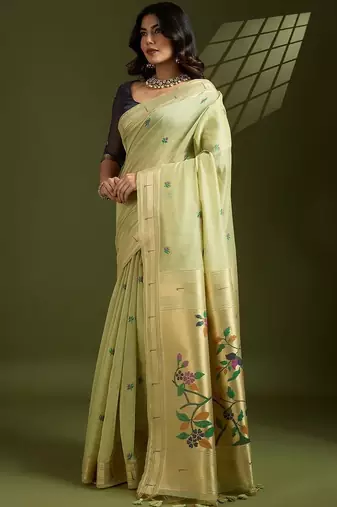 light_lime floral woven design zari paithani saree