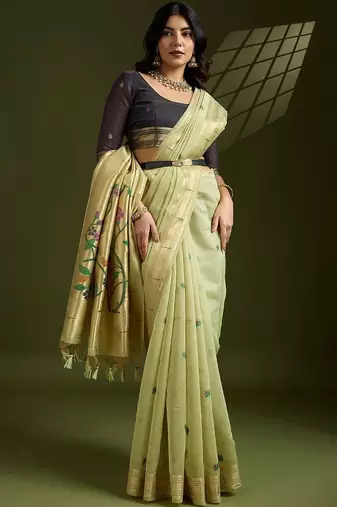 light_lime floral woven design zari paithani saree