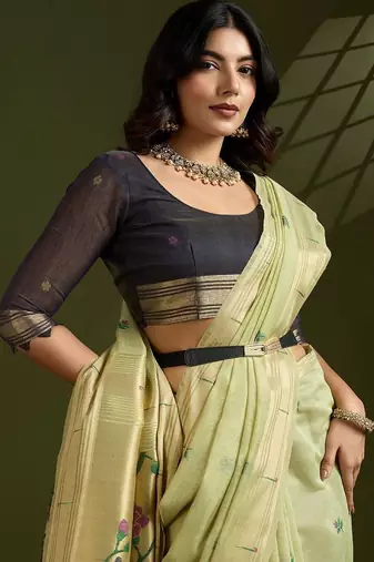 light_lime floral woven design zari paithani saree
