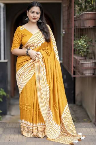 yellow batik print cotton saree with blouse