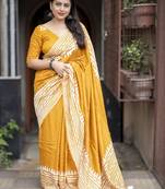 yellow batik print cotton saree with blouse
