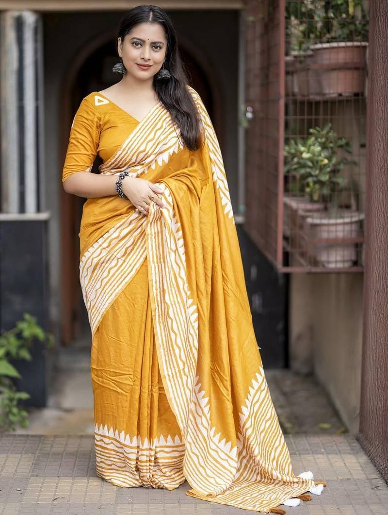 yellow batik print cotton saree with blouse
