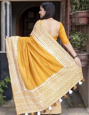 yellow batik print cotton saree with blouse 2