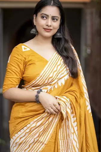 yellow batik print cotton saree with blouse
