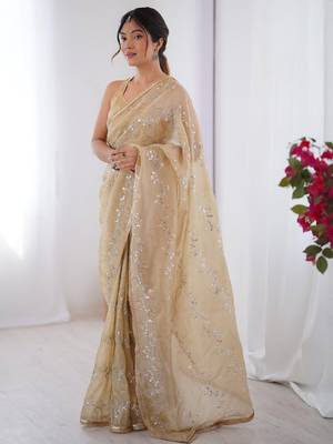 cream embellished beads and stones silk blend designer saree 1