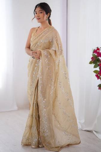 cream embellished beads and stones silk blend designer saree