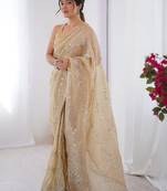 cream embellished beads and stones silk blend designer saree