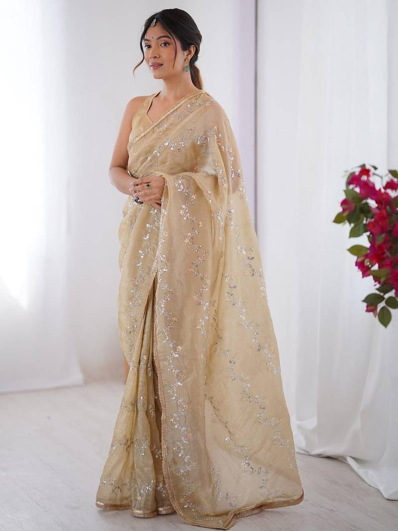 cream embellished beads and stones silk blend designer saree