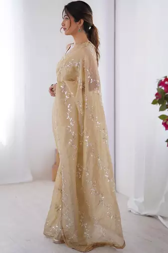 cream embellished beads and stones silk blend designer saree