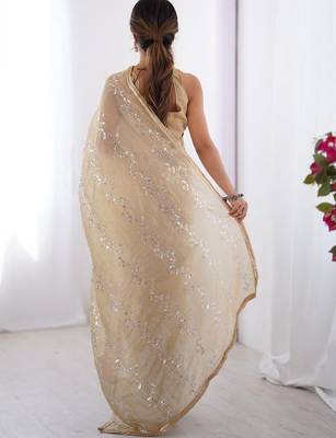 cream embellished beads and stones silk blend designer saree 3