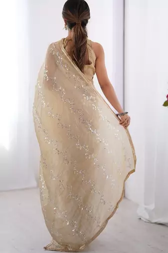 cream embellished beads and stones silk blend designer saree