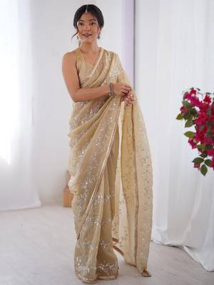 cream embellished beads and stones silk blend designer saree 4