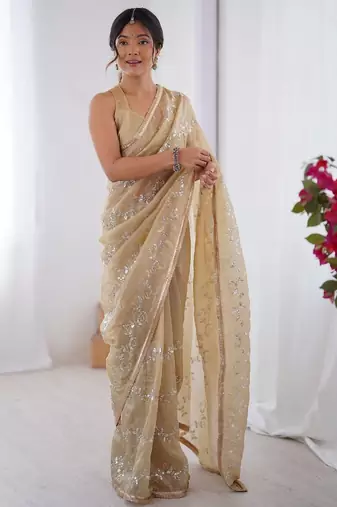 cream embellished beads and stones silk blend designer saree