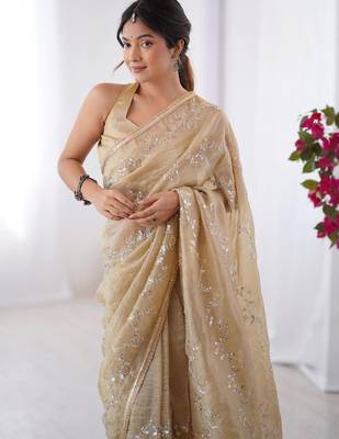 cream embellished beads and stones silk blend designer saree 5