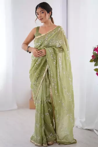 green embellished beads and stones silk blend designer saree