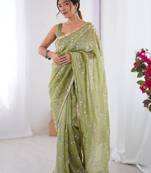 green embellished beads and stones silk blend designer saree