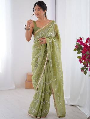 green embellished beads and stones silk blend designer saree 2