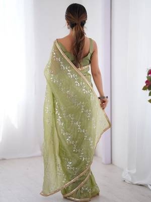 green embellished beads and stones silk blend designer saree 3