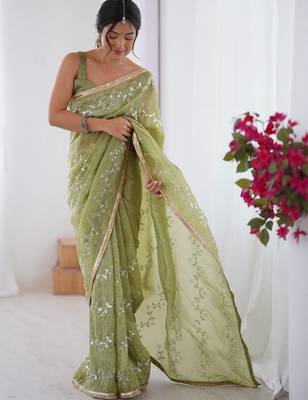 green embellished beads and stones silk blend designer saree 4