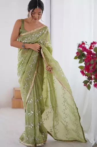 green embellished beads and stones silk blend designer saree