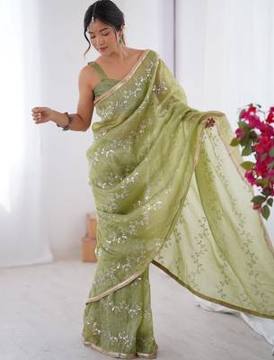 green embellished beads and stones silk blend designer saree 5