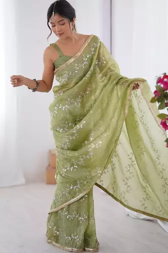 green embellished beads and stones silk blend designer saree