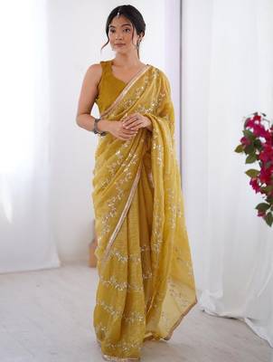 mustard embellished beads and stones silk blend designer saree 1