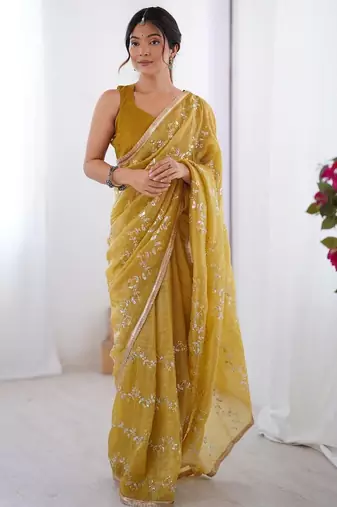 mustard embellished beads and stones silk blend designer saree