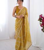 mustard embellished beads and stones silk blend designer saree