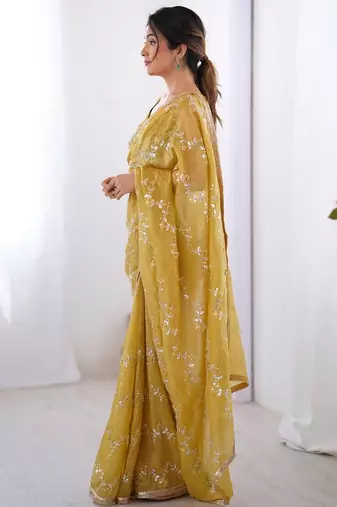 mustard embellished beads and stones silk blend designer saree