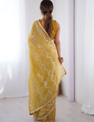 mustard embellished beads and stones silk blend designer saree 3
