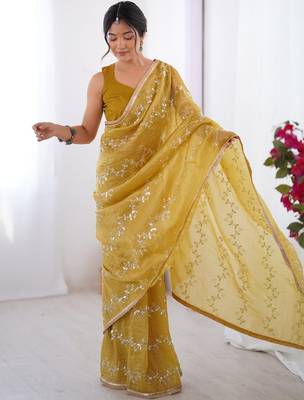 mustard embellished beads and stones silk blend designer saree 4