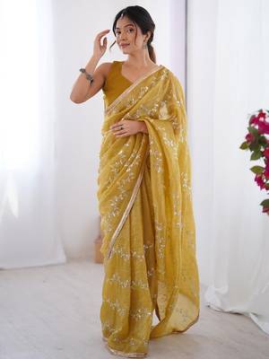 mustard embellished beads and stones silk blend designer saree 5
