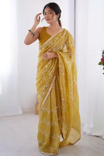 mustard embellished beads and stones silk blend designer saree