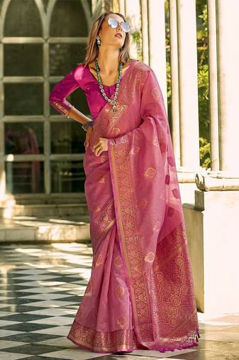 pink women woven design zari silk blend kanjeevaram saree