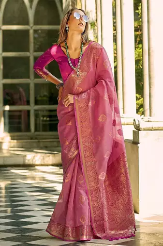 pink women woven design zari silk blend kanjeevaram saree