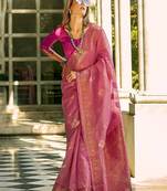 pink women woven design zari silk blend kanjeevaram saree