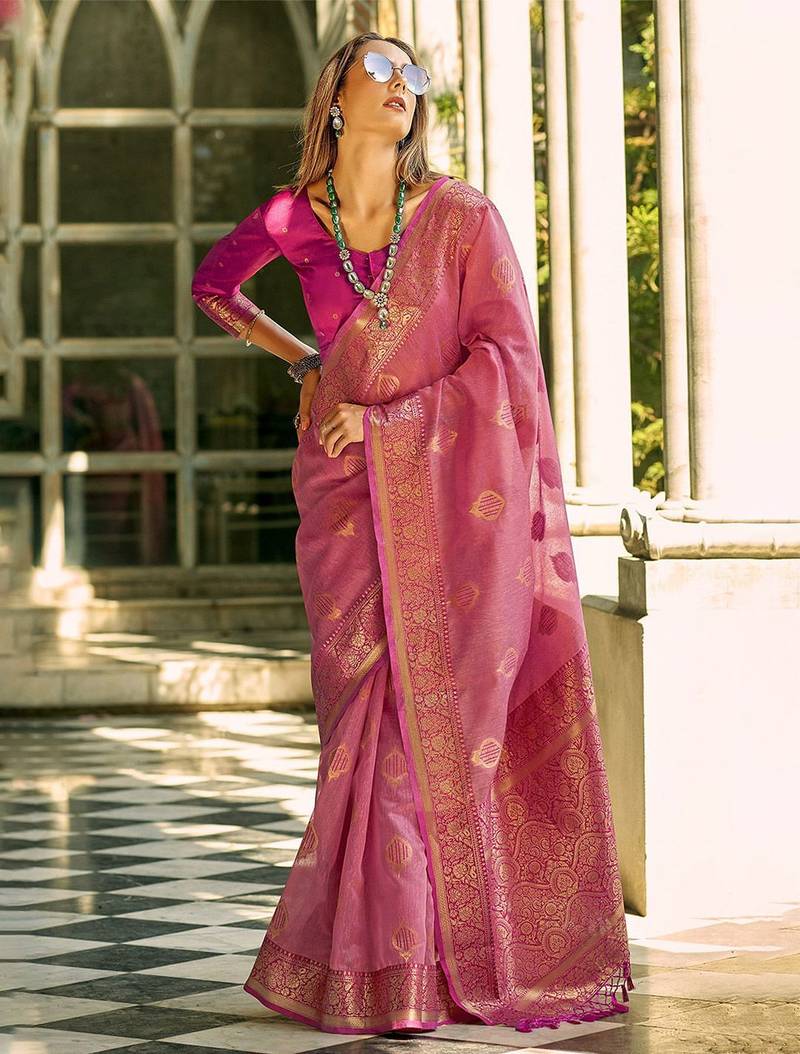 pink women woven design zari silk blend kanjeevaram saree